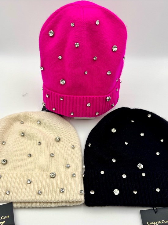 Charter Club Cashmere Crystal-Embellished Knit Beanie Hat Ivory, Hot Pink Black main image 5